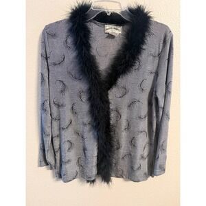 Frazier Lawrence Petite Gray Feather Print Cardigan Long Sleeve Black Fur Trim S